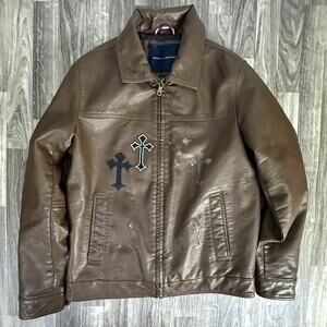 Tommy Hilfiger Brown Faux Leather Jacket Quilted Lined Cross Graphic Size S